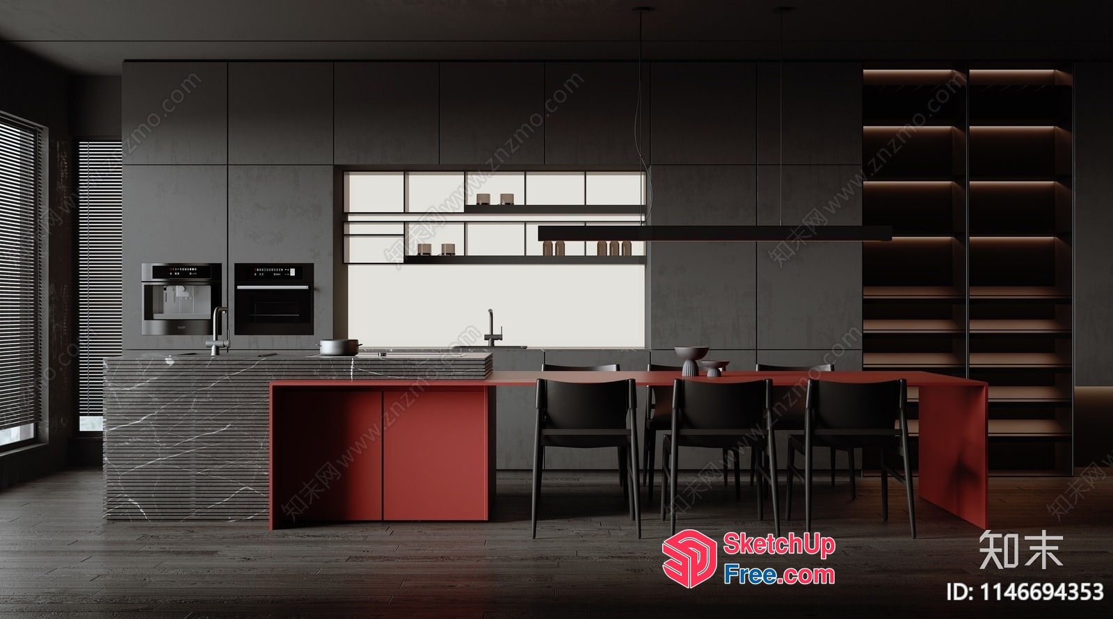 Modern Kitchen With Sleek Counter And Dining Table 3D SketchUp File