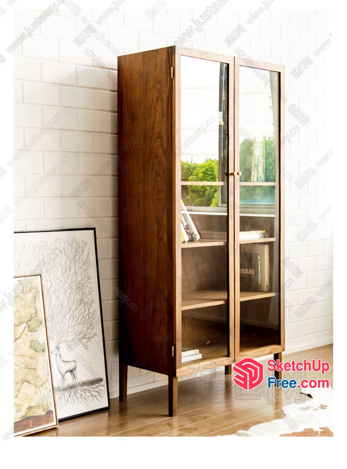Tall Wooden Cabinet With Glass Doors And Shelves 3D SketchUp File