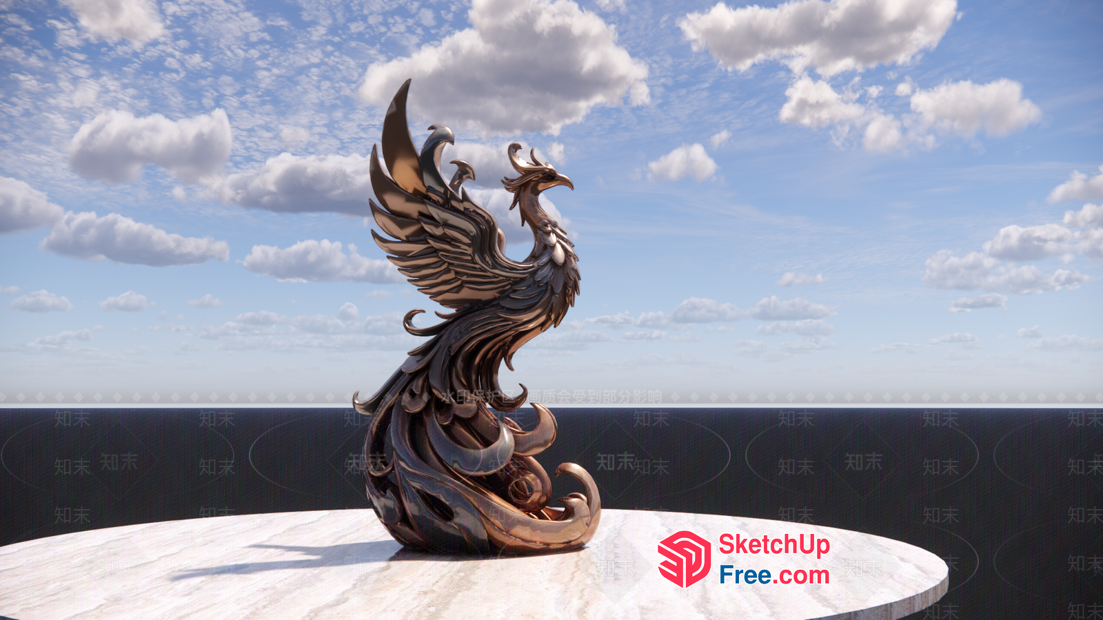 Ornate Phoenix Sculpture On Marble Table 3D SketchUp File