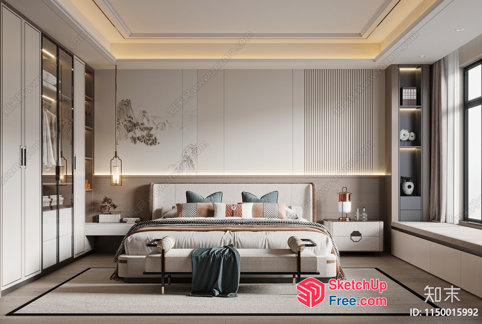 Modern Minimalist Japanese Style Bedroom With White And Cream Colors 3D SketchUp File