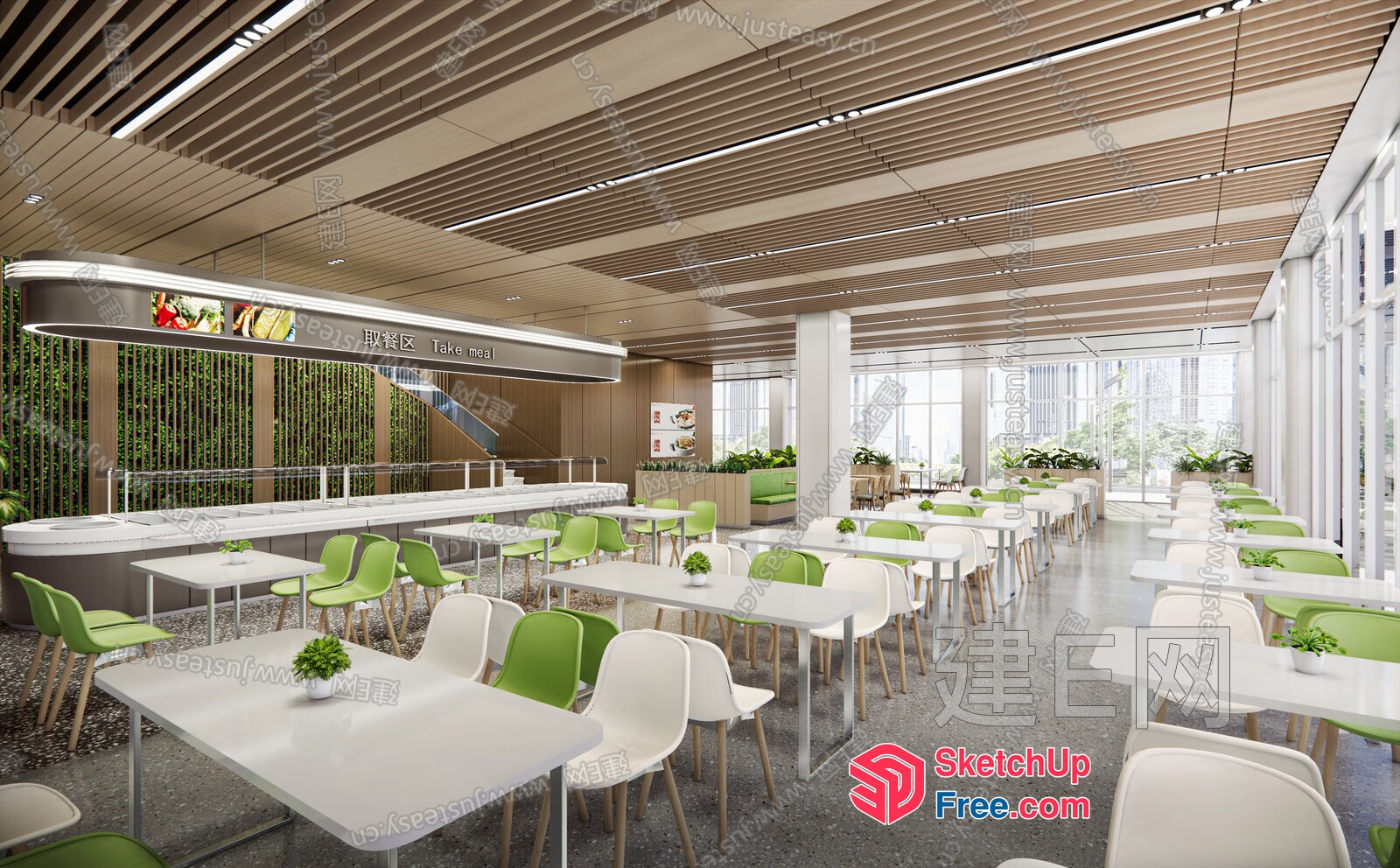 Modern Restaurant Interior With Green And White Accents 3D SketchUp File