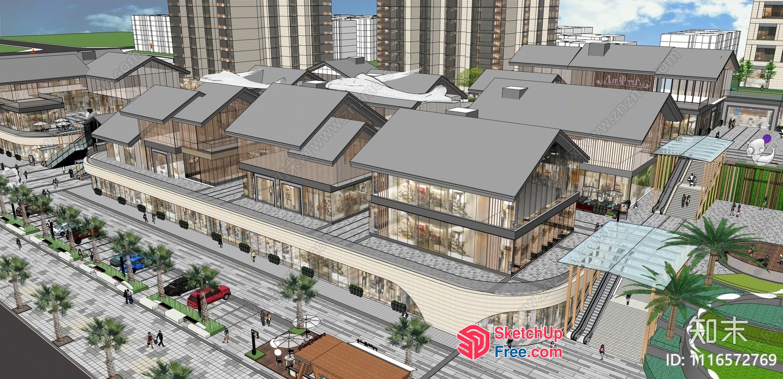 Modern Commercial Street With Shopping Mall And Office Buildings 3D SketchUp File