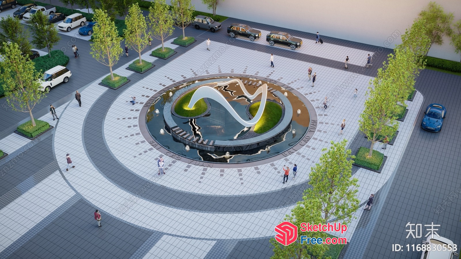 Modern Outdoor Plaza With Unique Sculpture 3D SketchUp File
