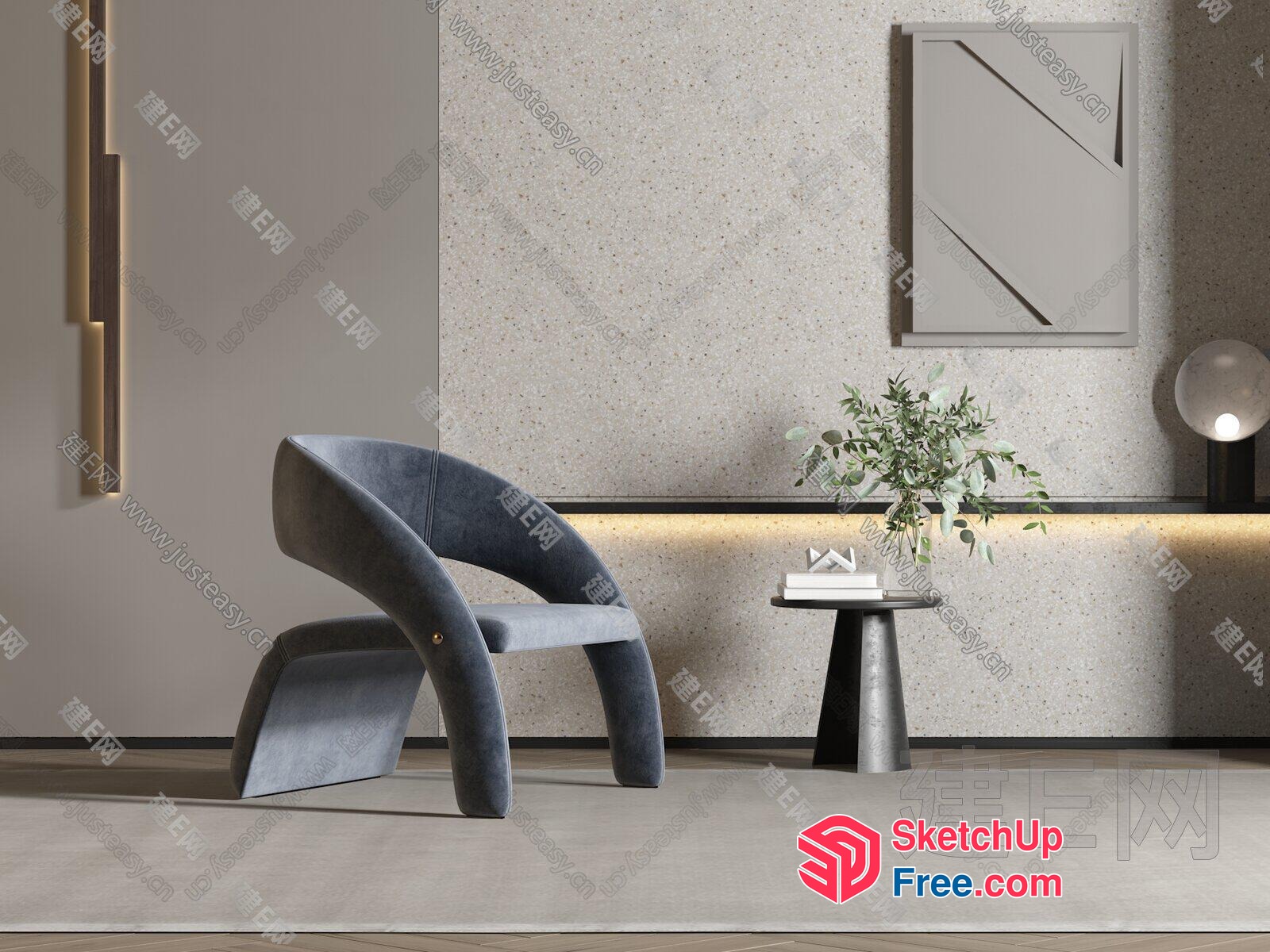 Modern Gray Velvet Chair In Contemporary Room 3D SketchUp File