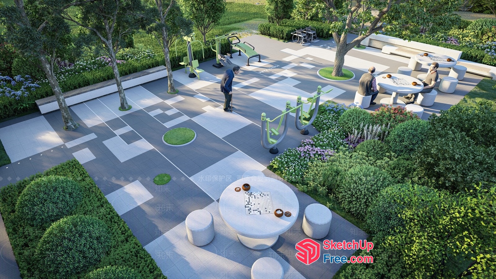 Outdoor Fitness Area With Tables And Chairs 3D SketchUp File