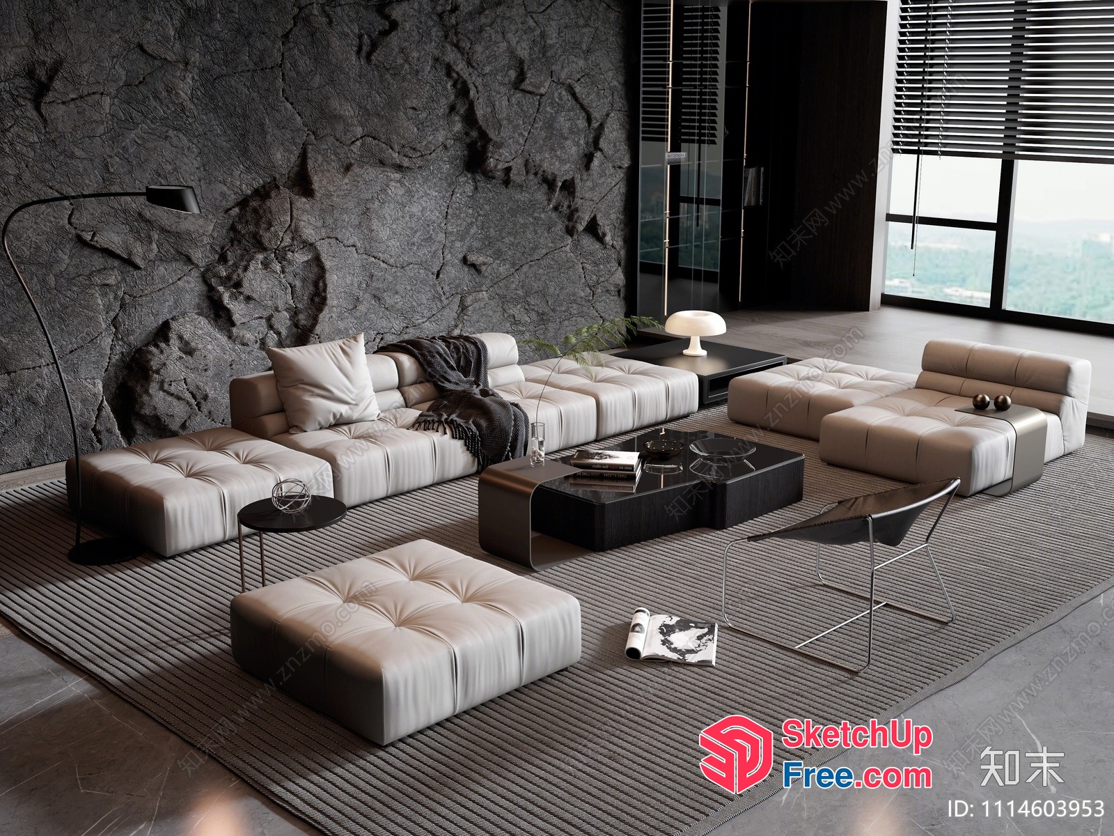 Modern Minimalist Living Room With Stone Wall 3D SketchUp File