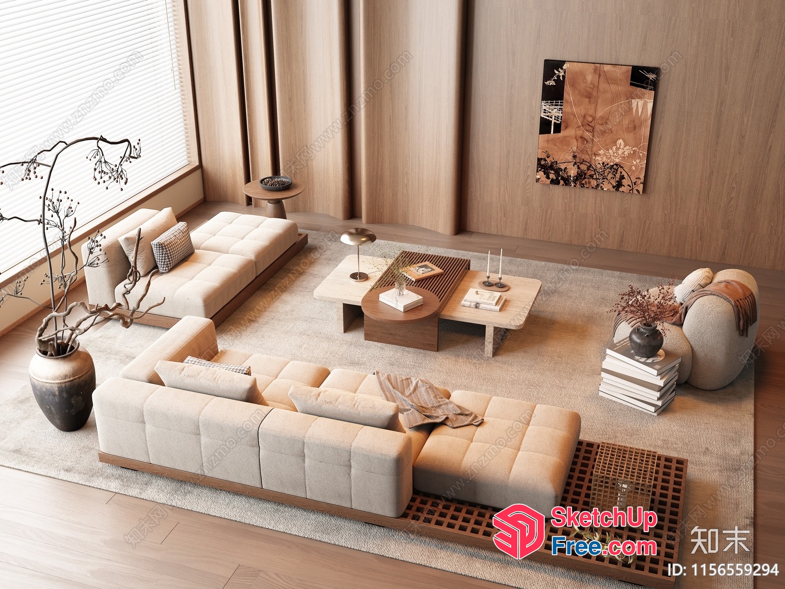 Minimalist Japanese Style Living Room With Natural Wood Accents 3D SketchUp File