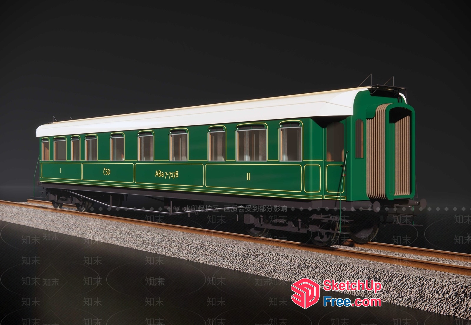 Green And White Train Car With Gold Accents 3D SketchUp File