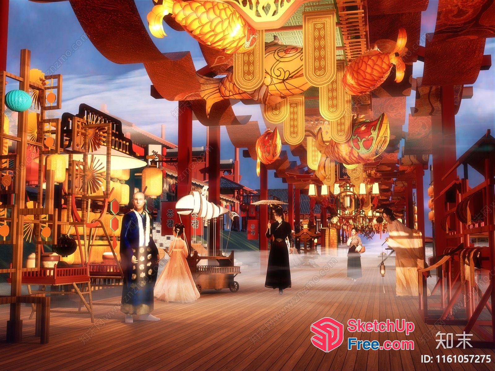 Asian Inspired Market Scene With Traditional Decorations 3D SketchUp File