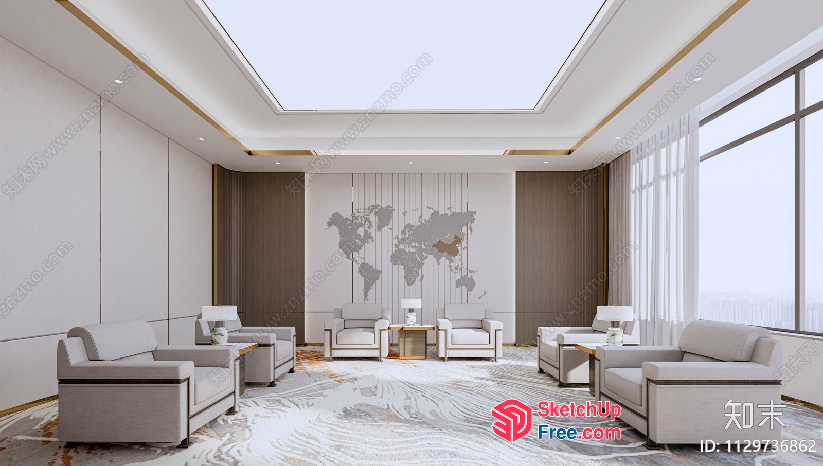 Elegant Modern Office Interior With World Map Wall 3D SketchUp File