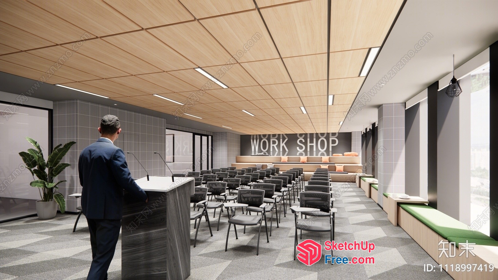 Modern Conference Room With Sleek Wooden Ceiling And Gray Floor Tiles 3D SketchUp File
