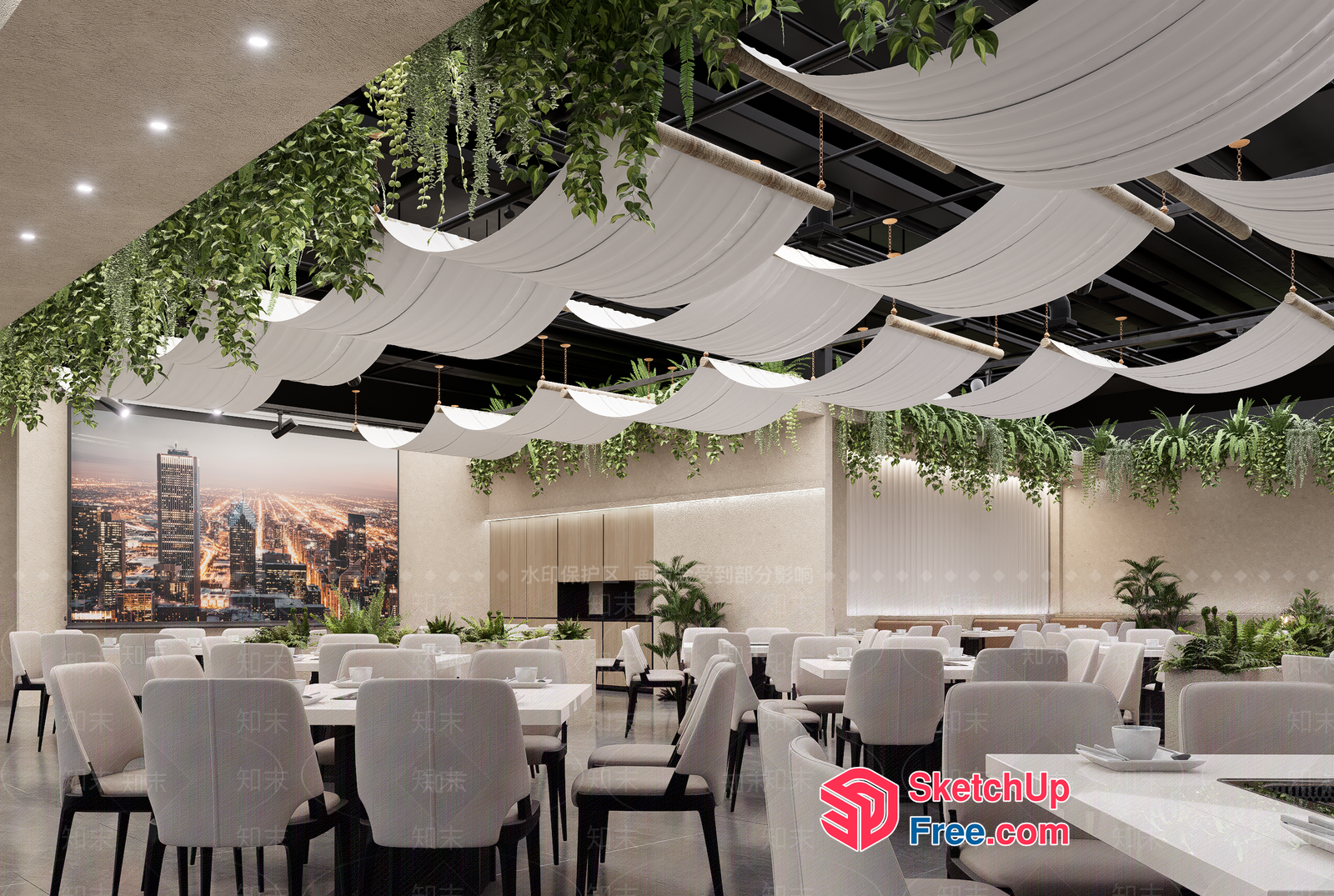 Elegant Modern Restaurant With Cityscape View 3D SketchUp File