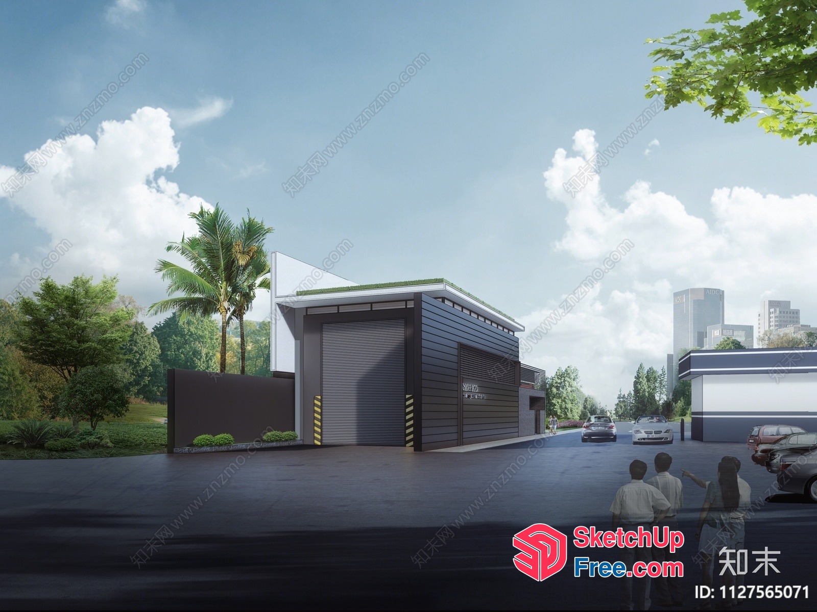 Modern Industrial Building With Garage And Parking 3D SketchUp File