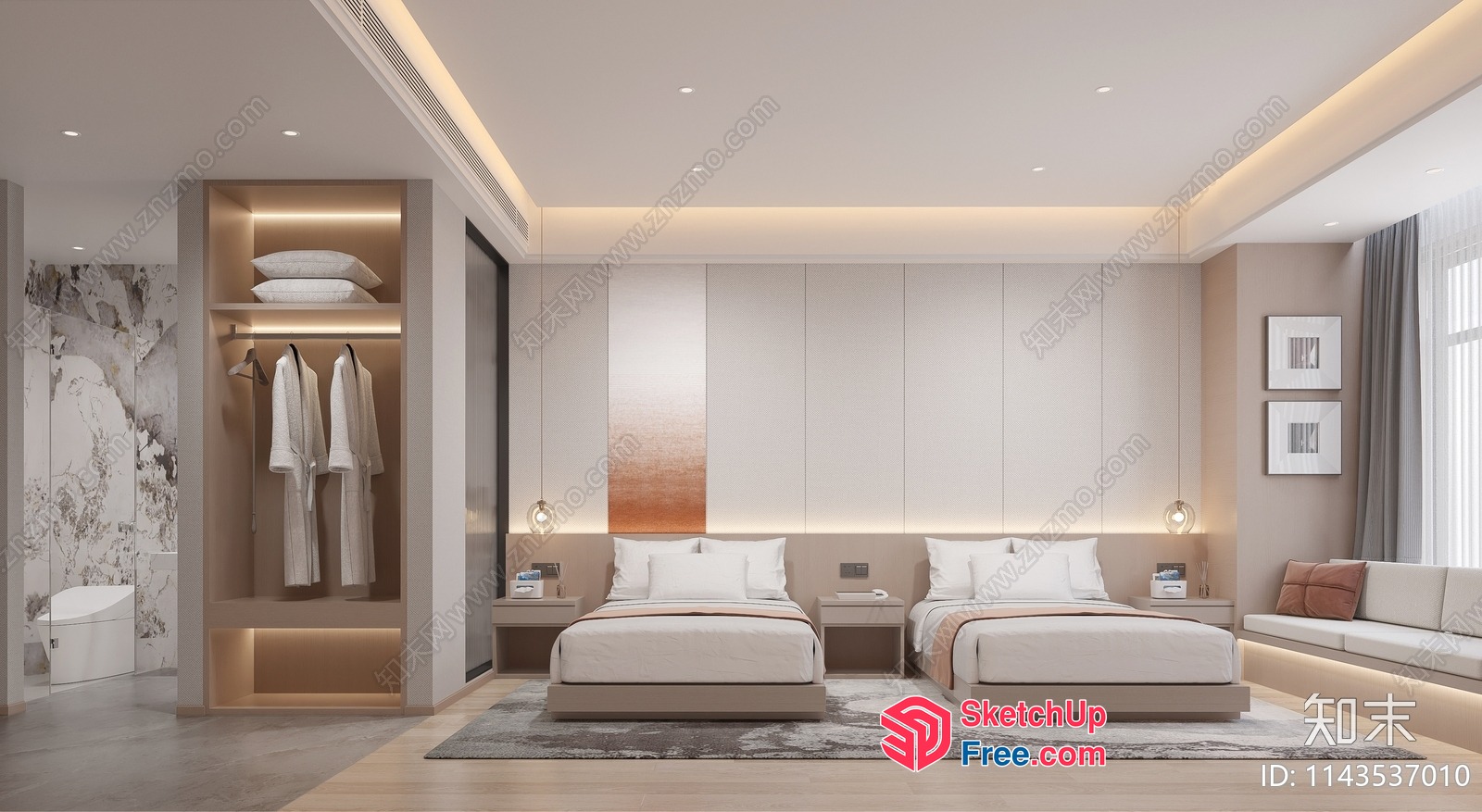 Modern Minimalist Bedroom With Double Beds And Built-In Wardrobe 3D SketchUp File