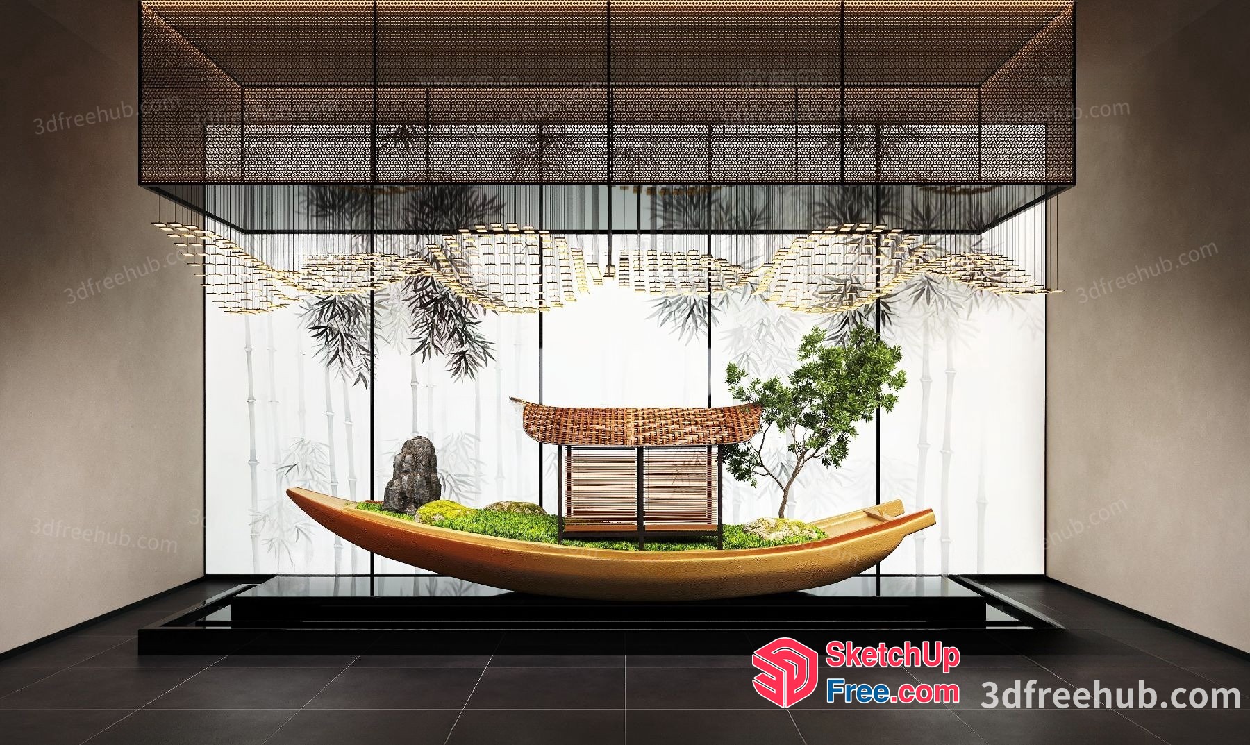 Japanese-Inspired Zen Garden Scene With Traditional Architecture 3D SketchUp File