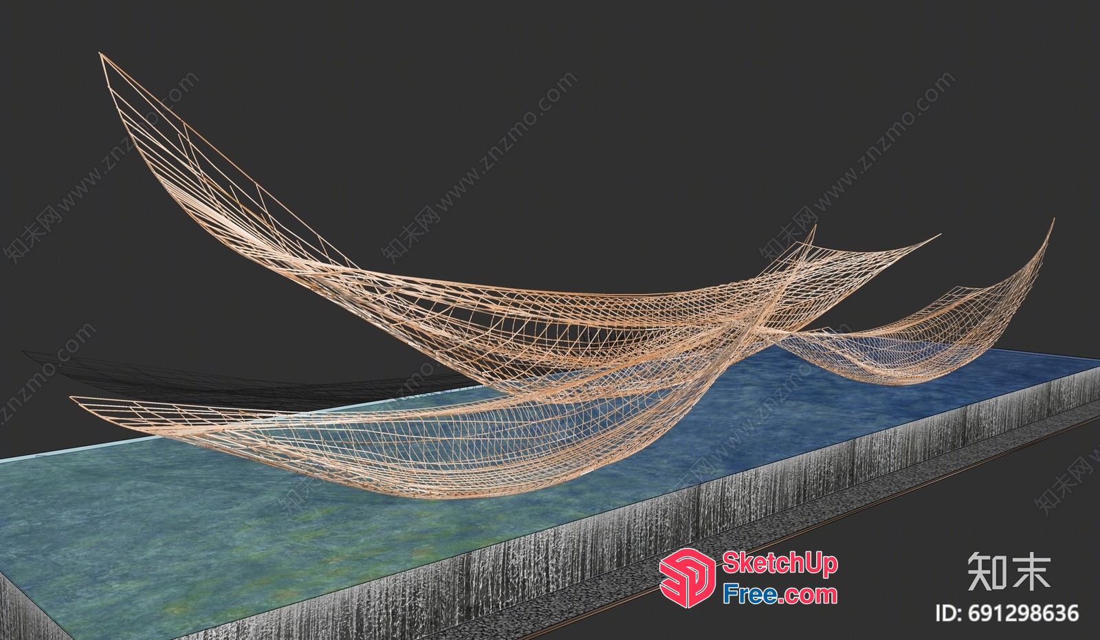 3D Rendering Of A Large, Curved, Woven Structure Over A Body Of Water 3D SketchUp File