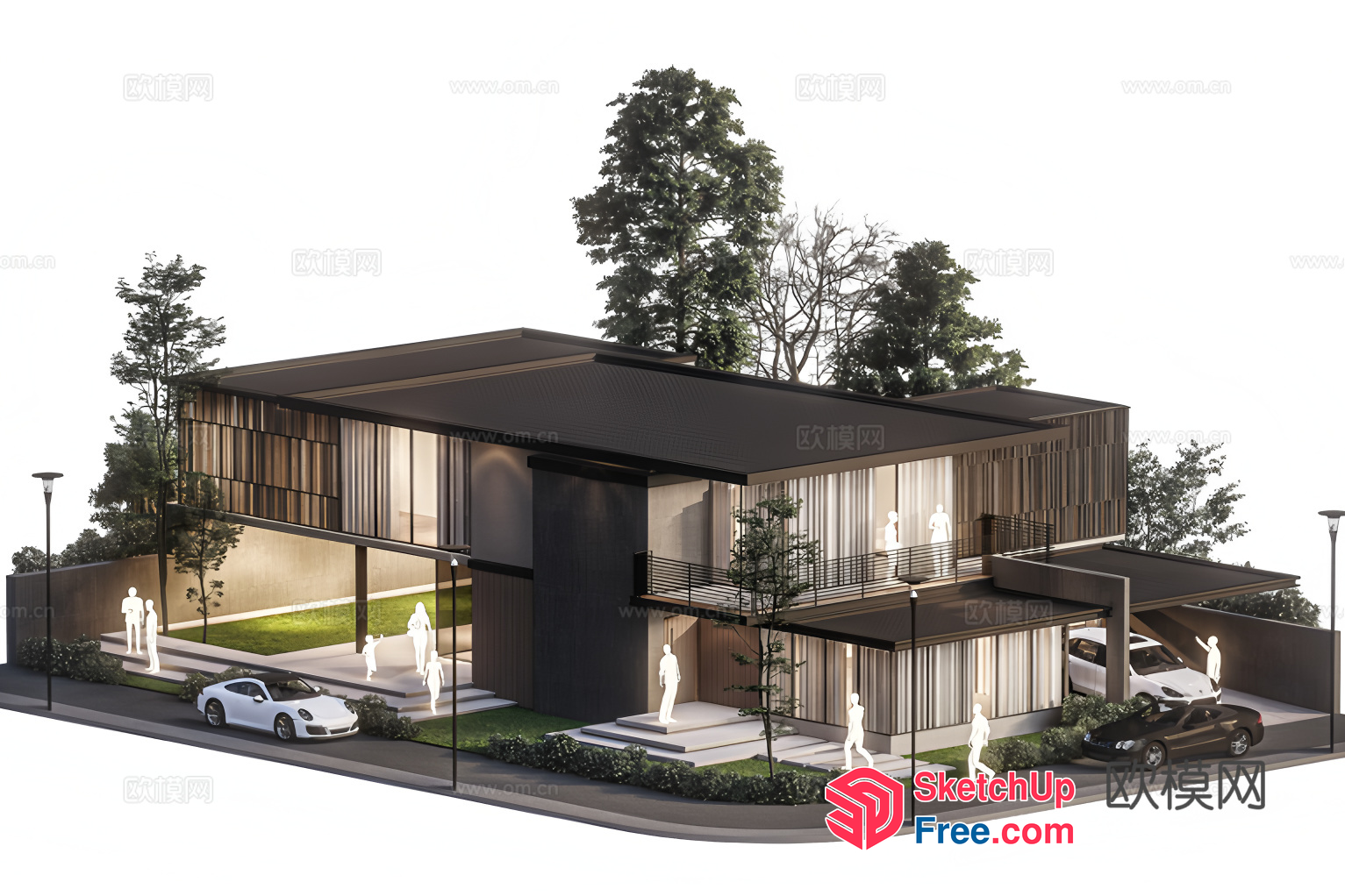 Modern House Exterior With Cars And People 3D SketchUp File