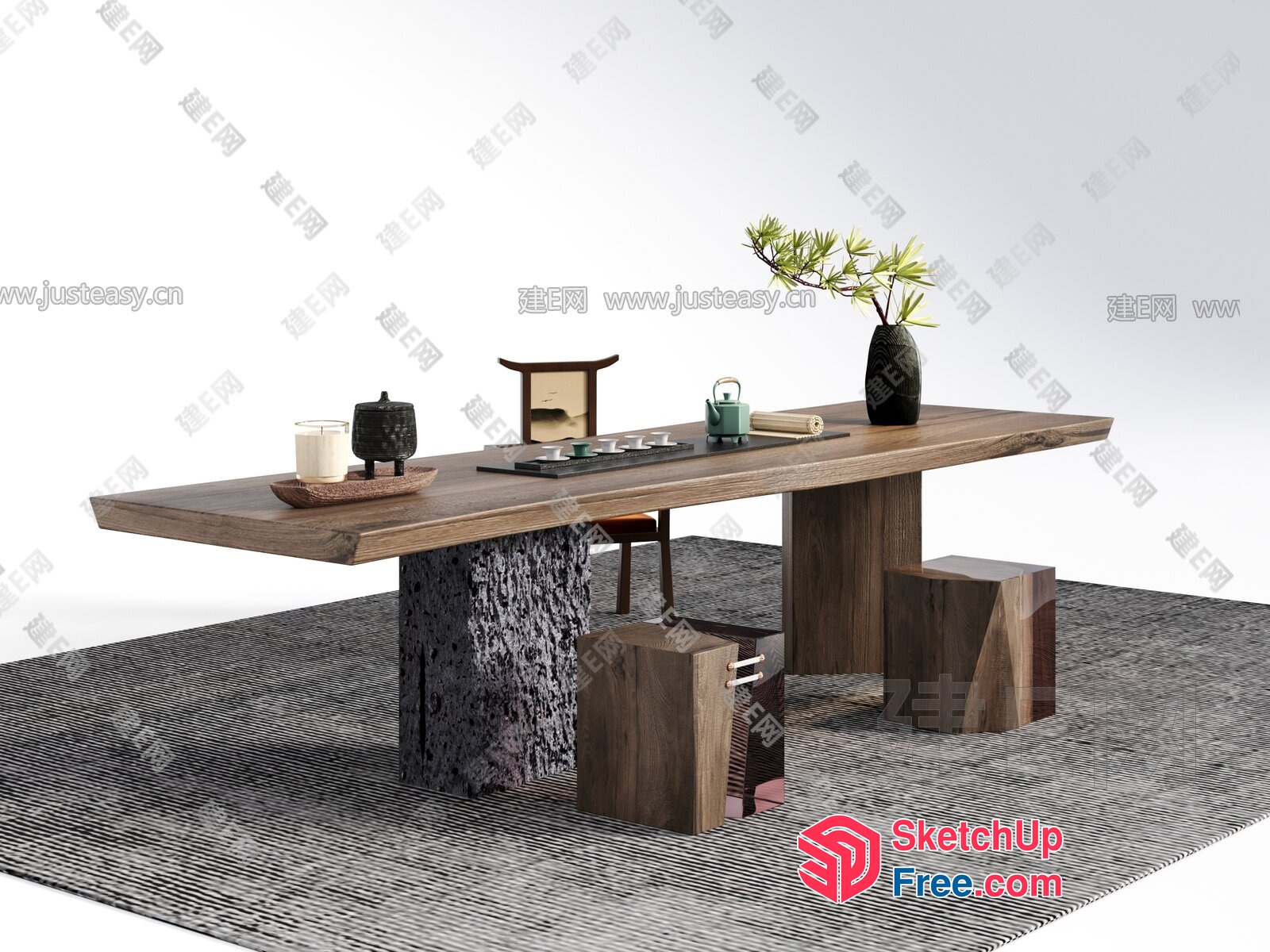 Japanese-Style Dining Room With Natural Wood Accents 3D SketchUp File
