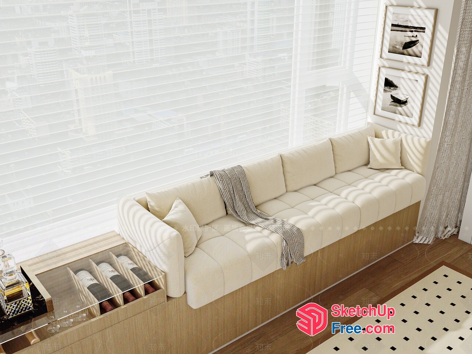 Sunlit Living Room With Creamy Sofa And Wooden Floor 3D SketchUp File