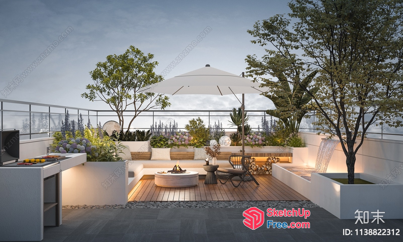 Modern Rooftop Garden With Fire Pit And Water Feature 3D SketchUp File