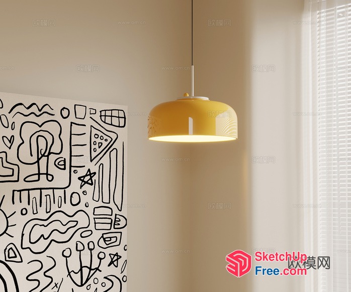 Yellow And White Hanging Light Fixture With Abstract Wall Art 3D SketchUp File