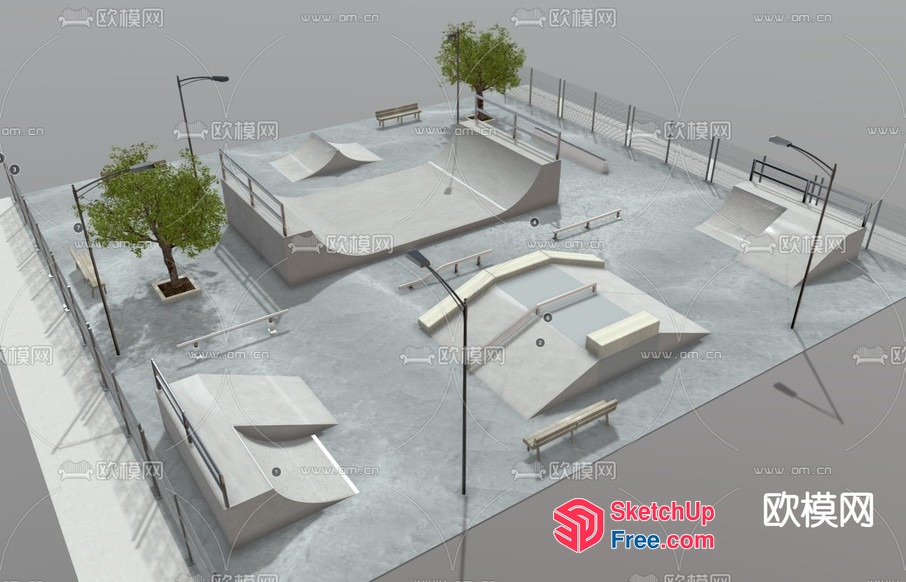 Modern Concrete Skatepark With Benches And Trees 3D SketchUp File