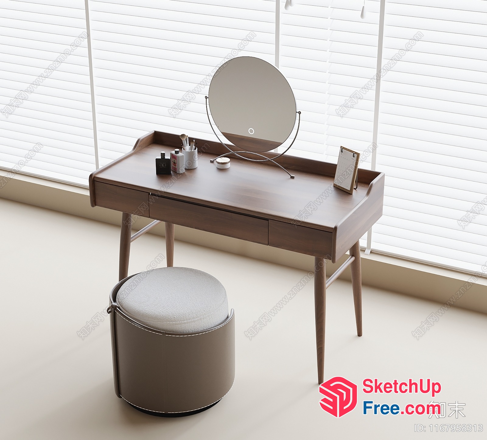 Elegant Wood Vanity Table With Mirror And Stool 3D SketchUp File