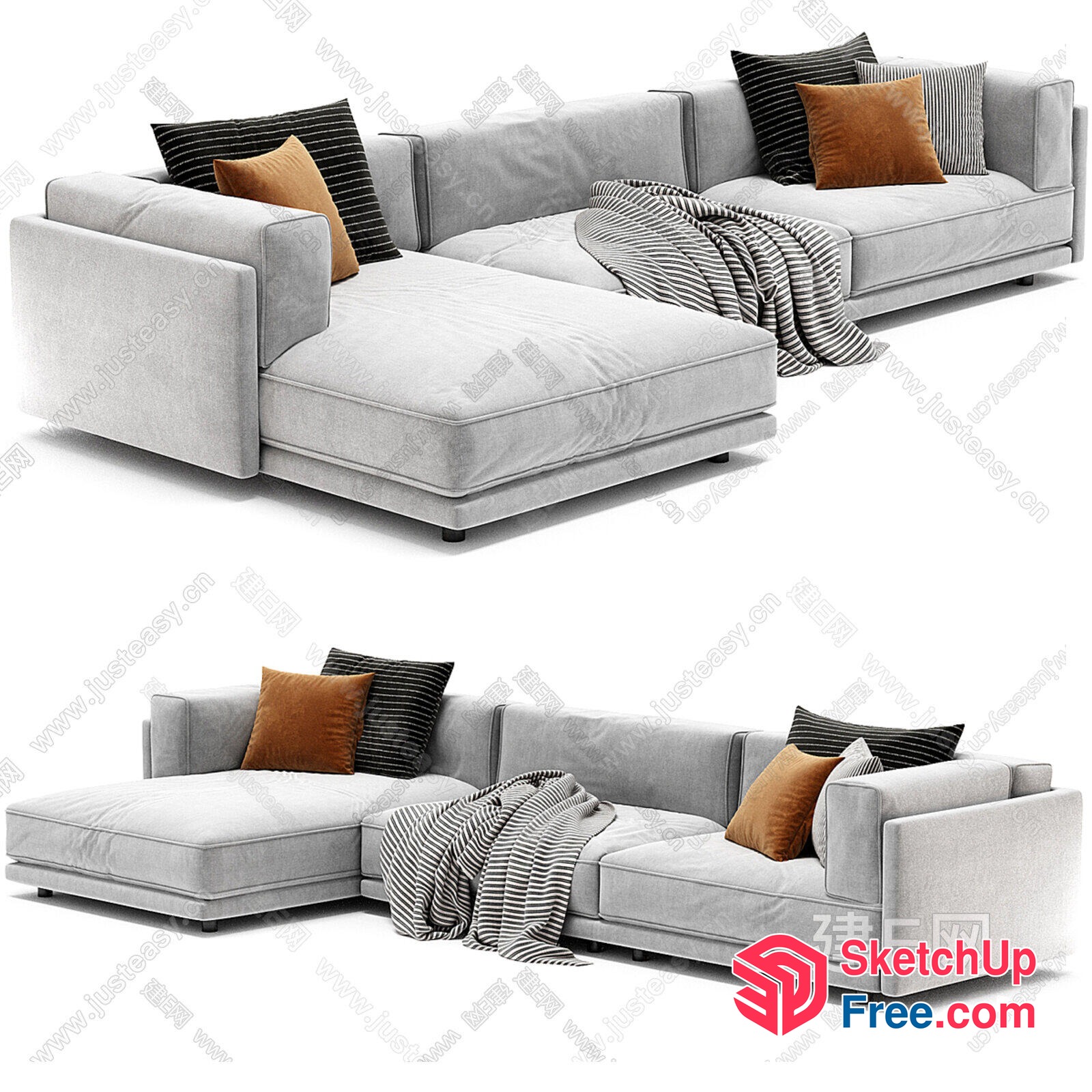 Modern Grey L-Shaped Sofa With Striped Pillows 3D SketchUp File