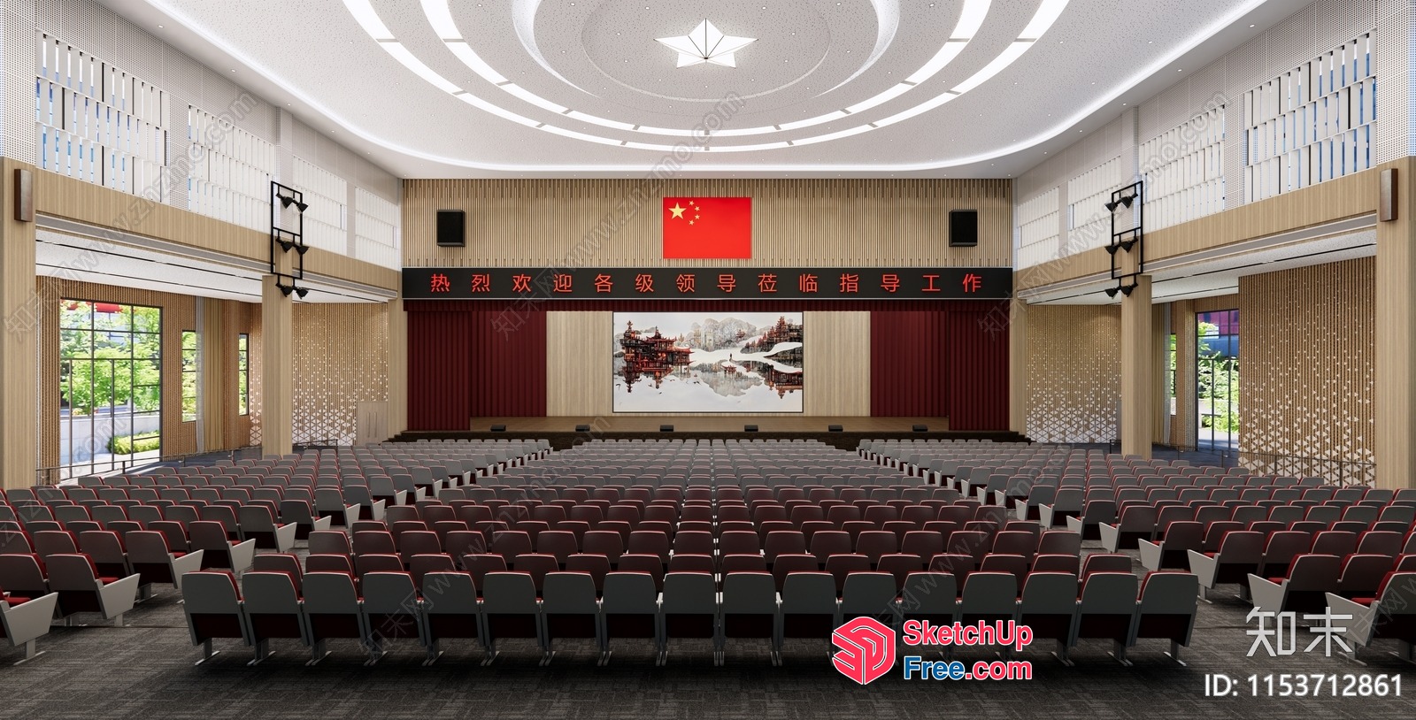 Large Auditorium With Chinese Flag And Red Curtains 3D SketchUp File