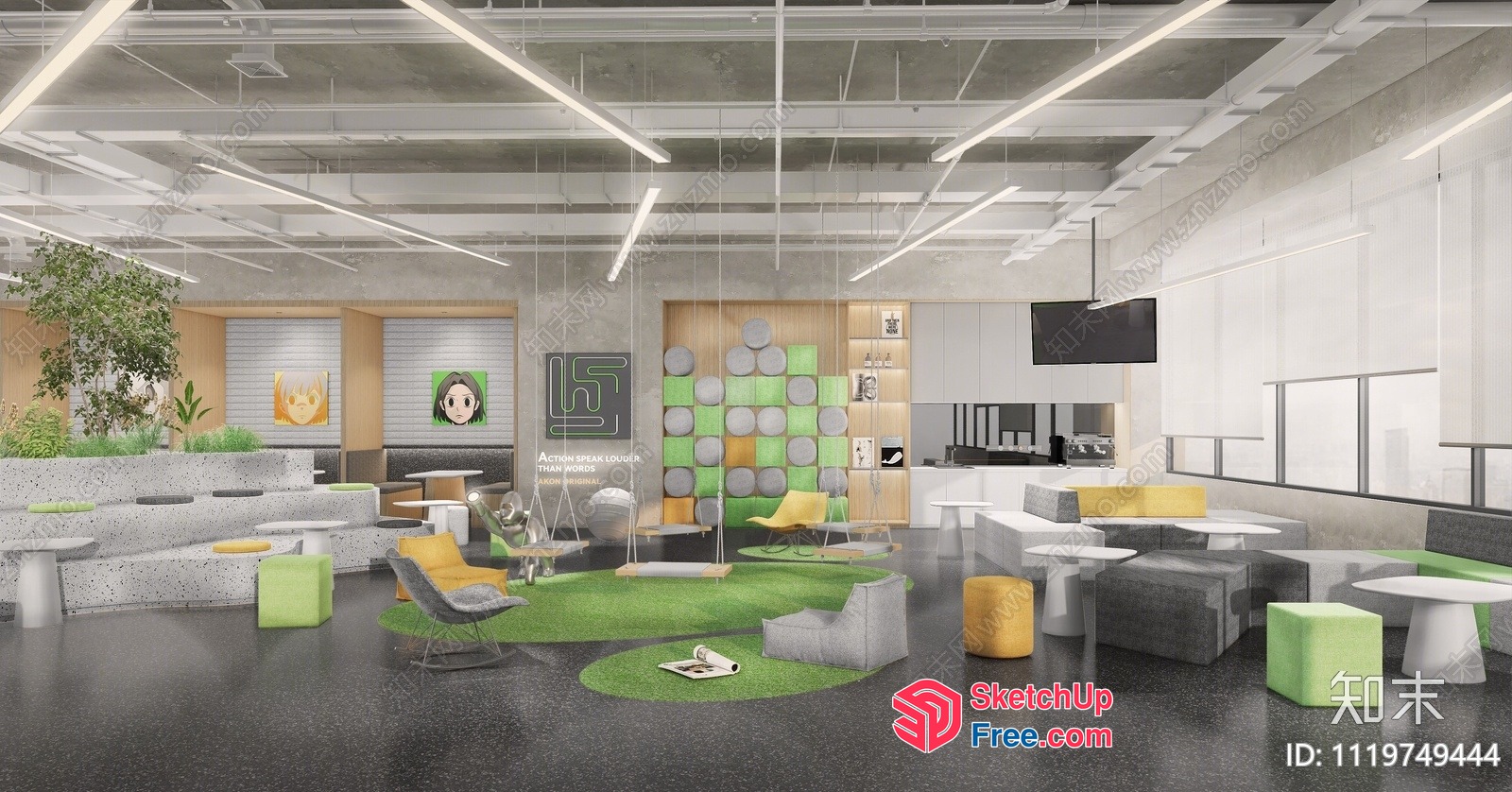 Modern Office Interior With Green Accent 3D SketchUp File