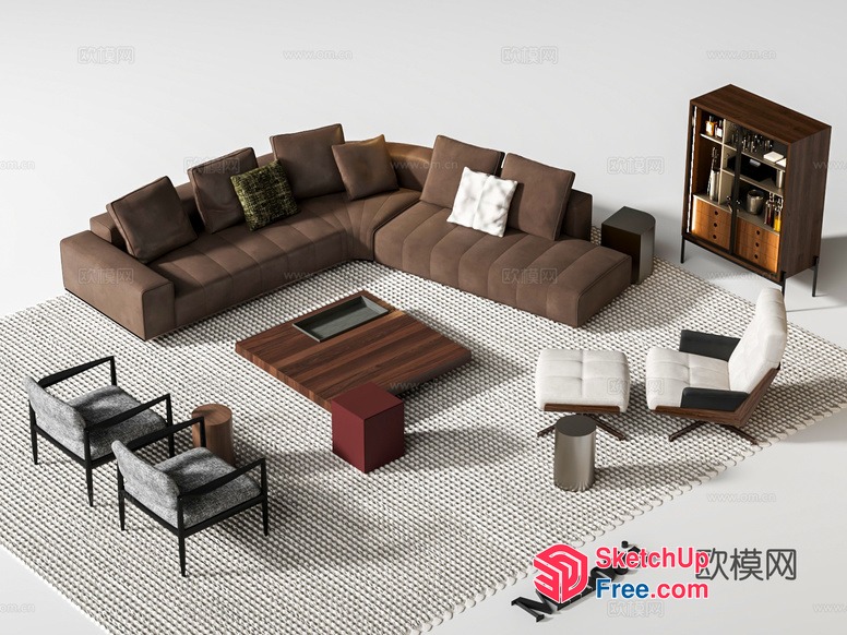 Modern Living Room Furniture Set With Brown Sofa And Coffee Table 3D SketchUp File