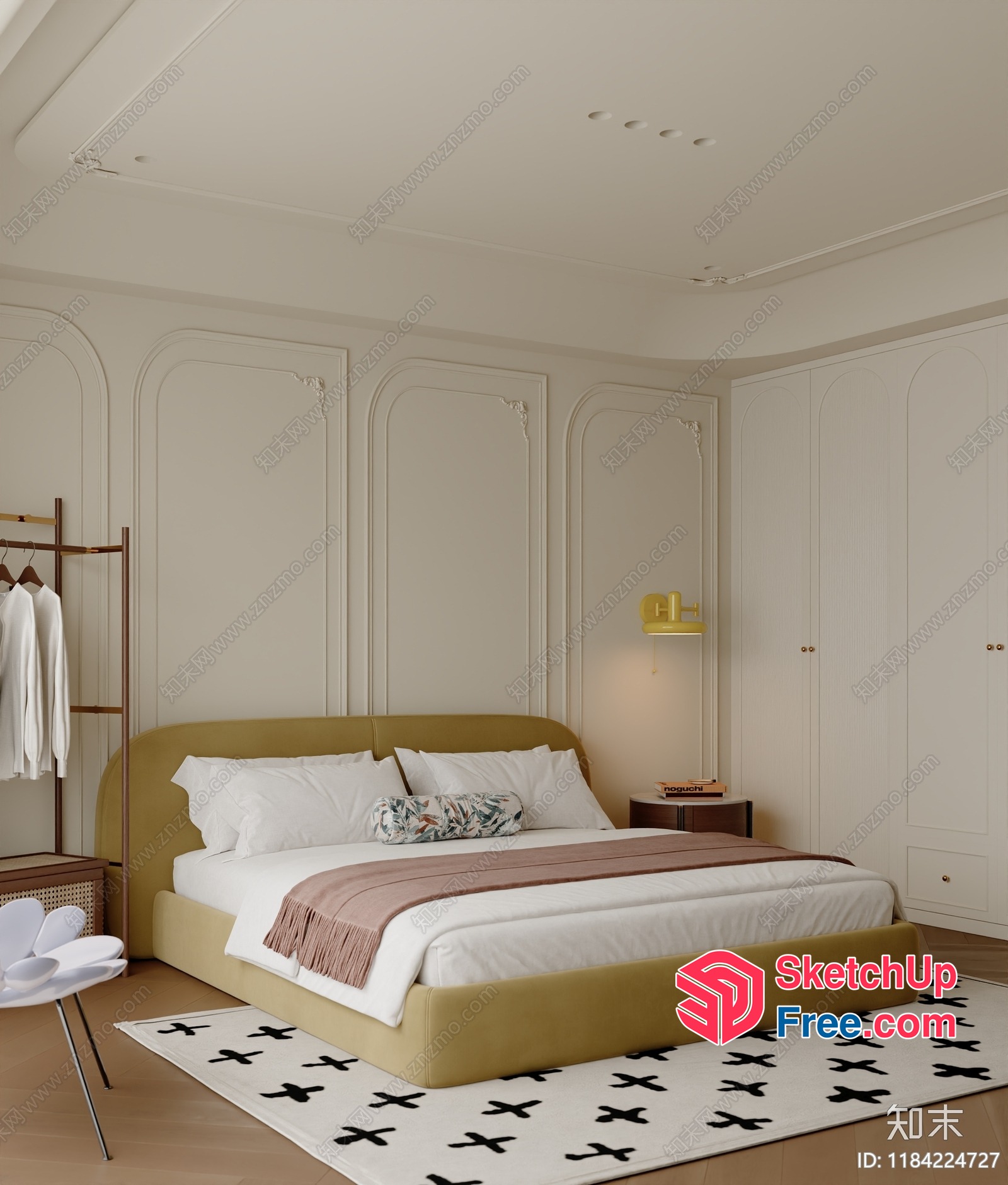 Elegant Creamy Style Bedroom With Classic Moulding 3D SketchUp File
