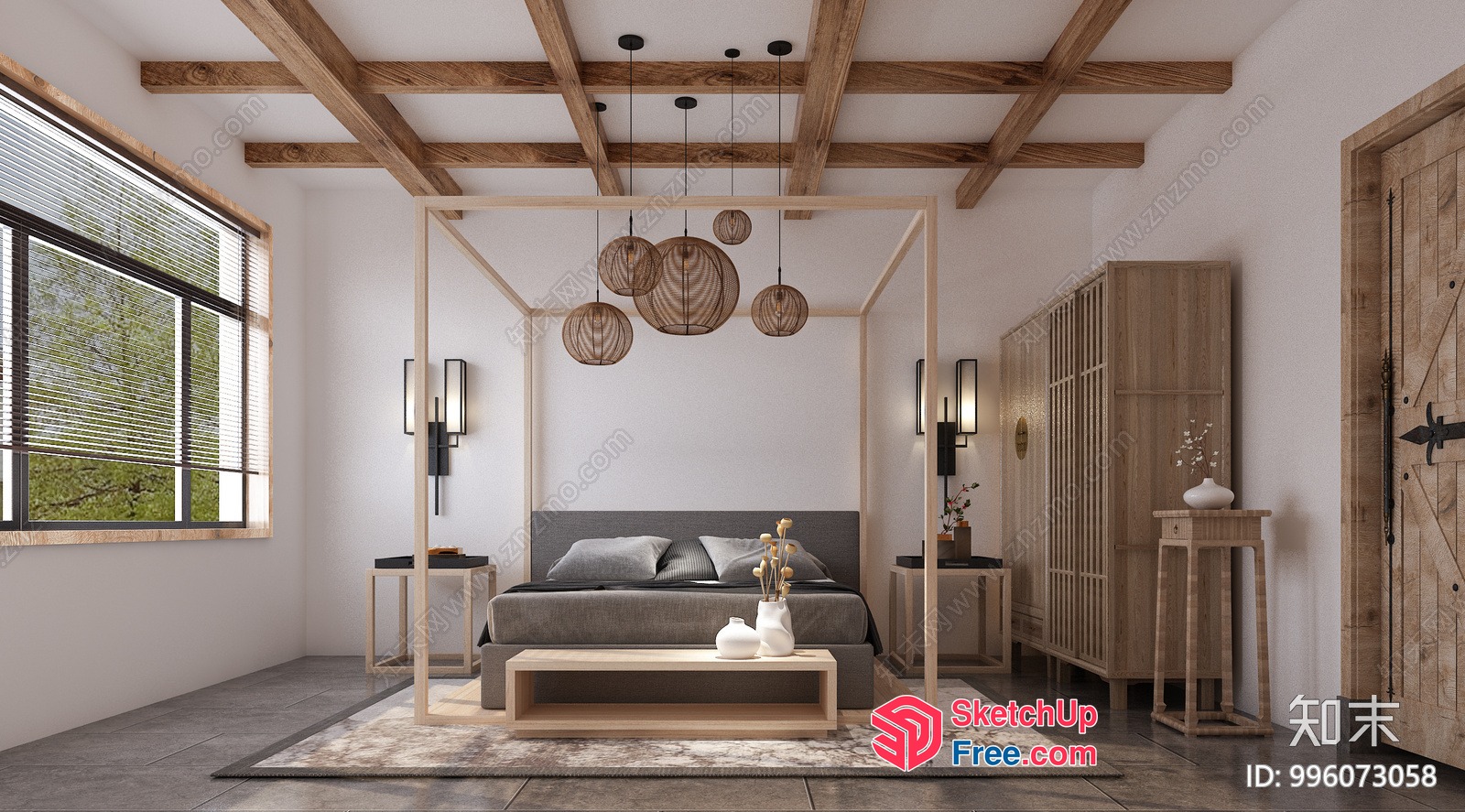 Minimalist Japanese Style Bedroom With Wooden Accents 3D SketchUp File