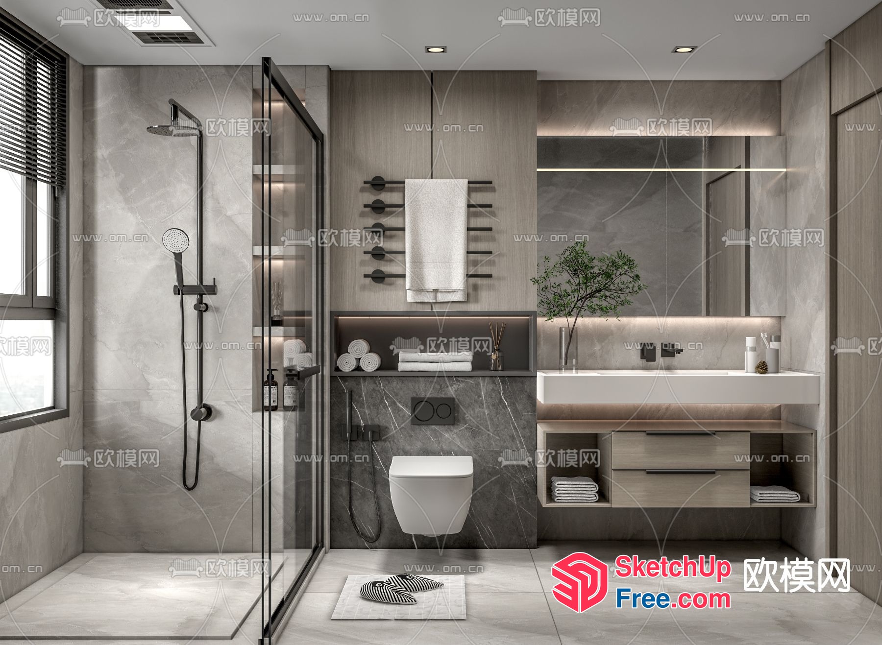 Modern Bathroom Interior With Sleek Fixtures And Natural Elements 3D SketchUp File