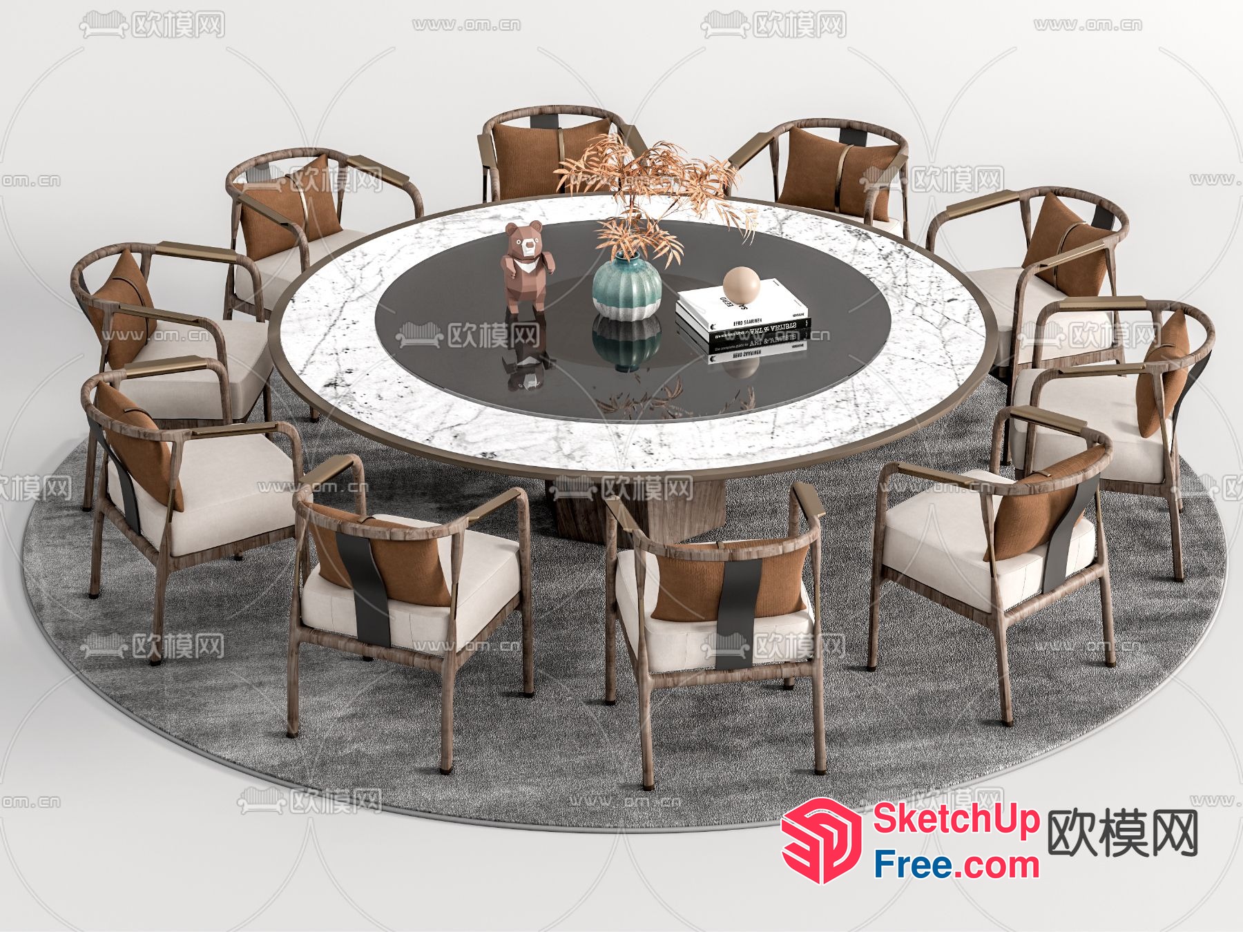 Elegant Round Dining Table With Marble Top And Rattan Chairs 3D SketchUp File
