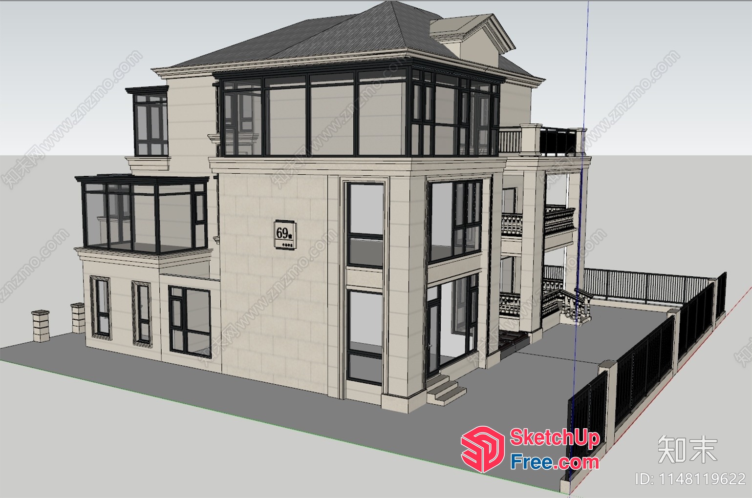 Modern Villa With Glass Curtain Wall And Balcony 3D SketchUp File