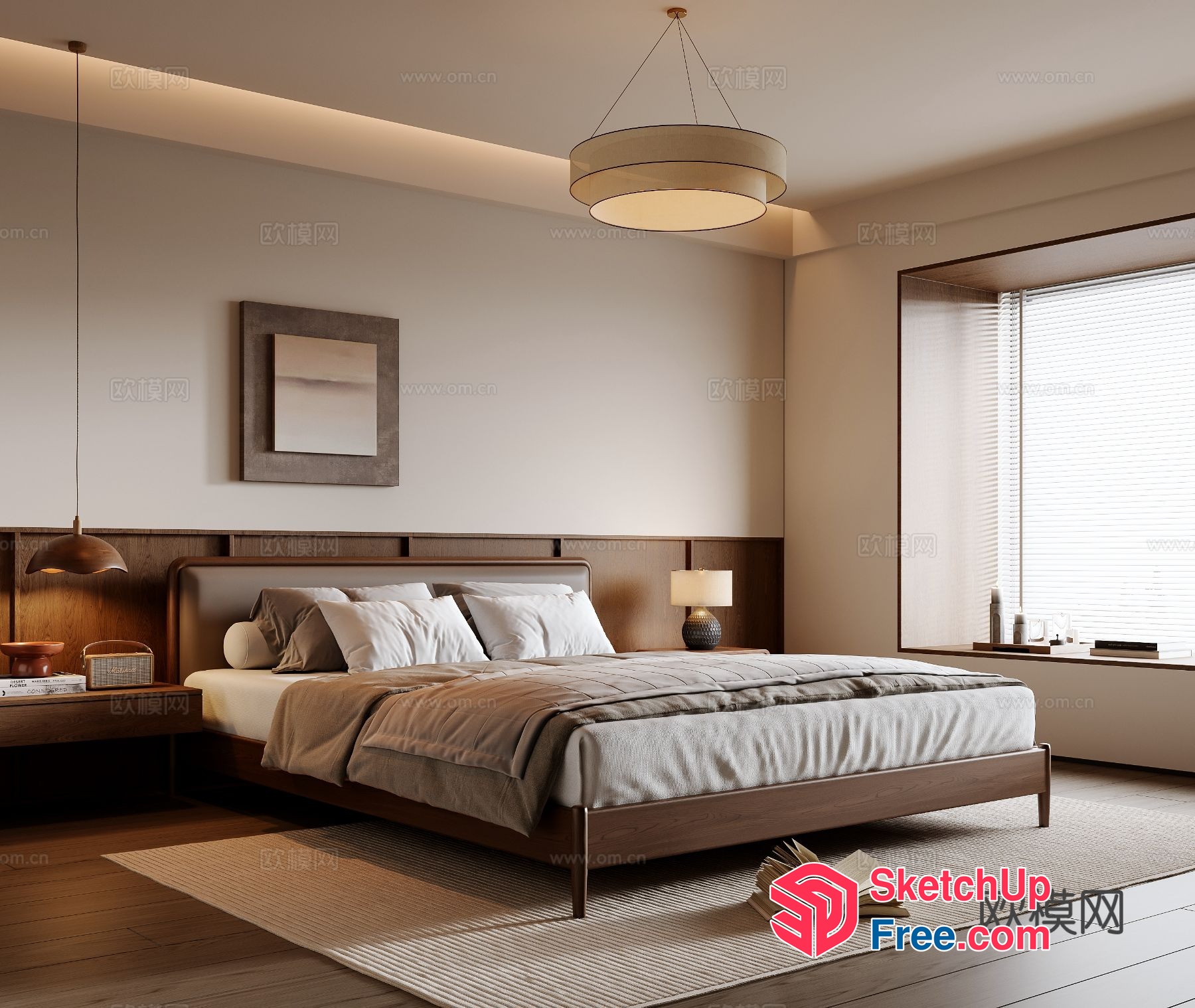 Modern Minimalist Bedroom With Wooden Furniture And Natural Light 3D SketchUp File