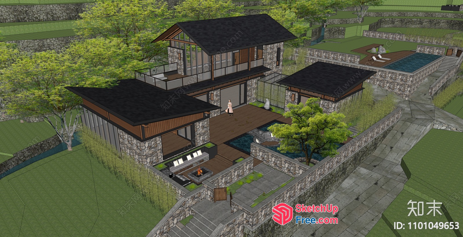 Modern Japanese-Style Villa With Stone And Wood Accents 3D SketchUp File