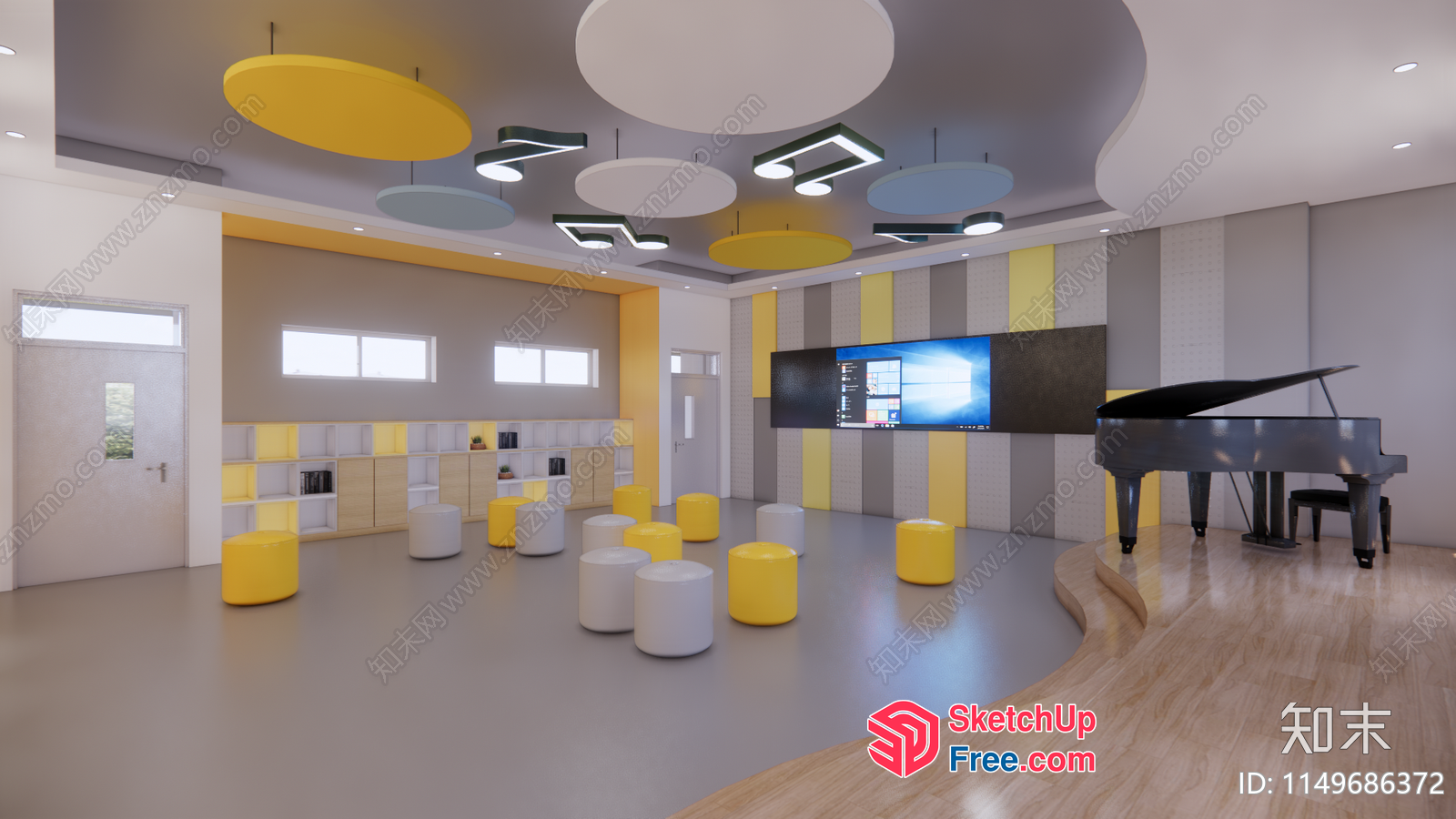 Modern Interior Design With Piano And Yellow And White Accents 3D SketchUp File