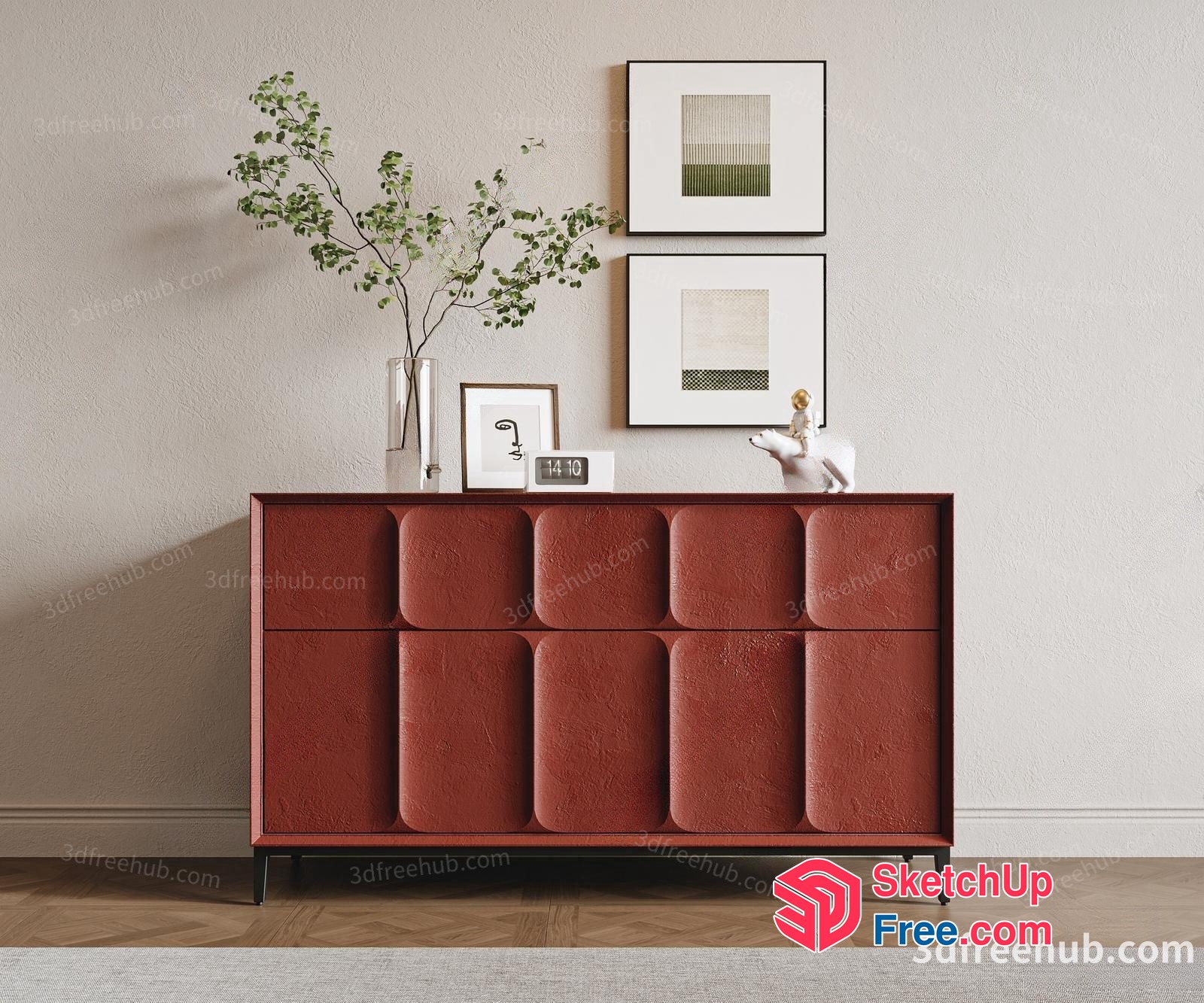Modern Red Dresser With Artistic Wall Decor 3D SketchUp File