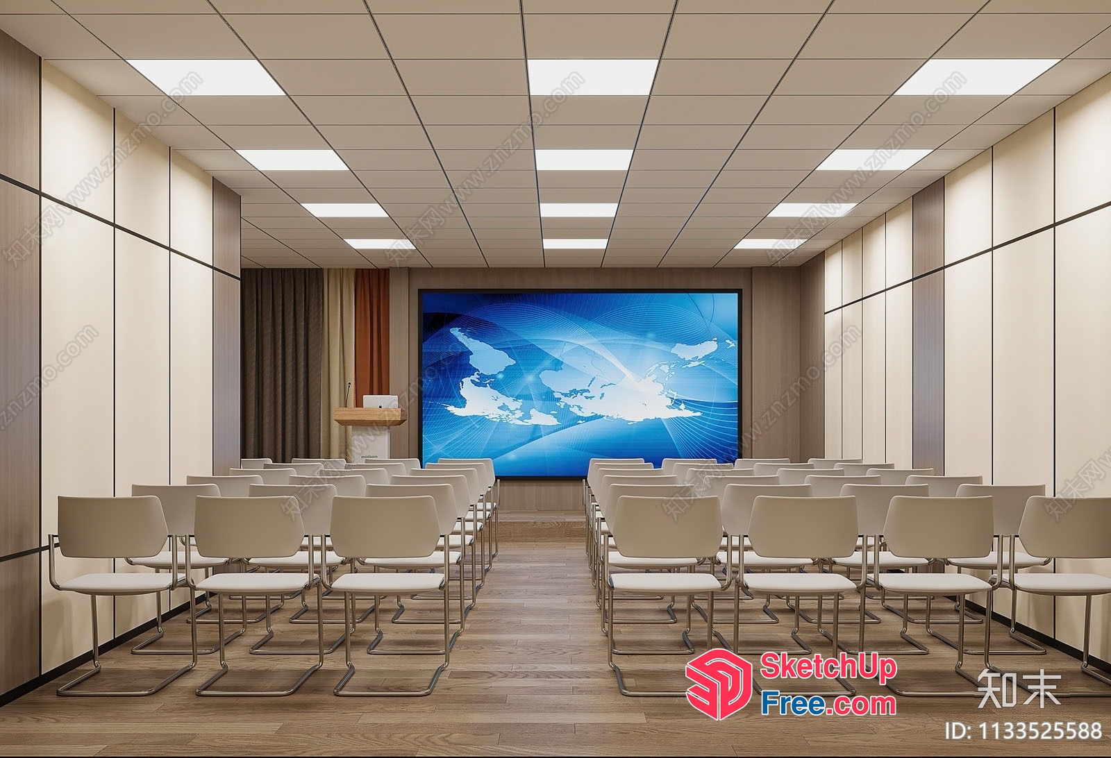 Large Screen Conference Room With World Map Projection 3D SketchUp File