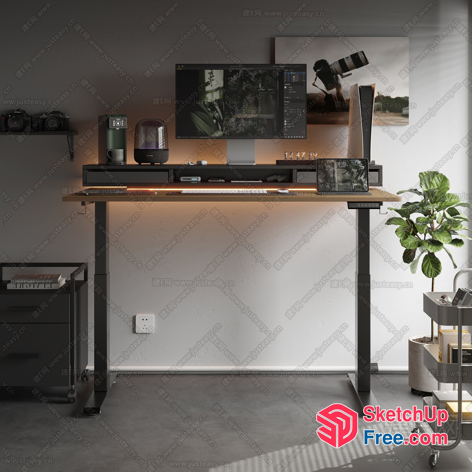 Minimalist Modern Office Desk Setup With Natural Wood Accents 3D SketchUp File