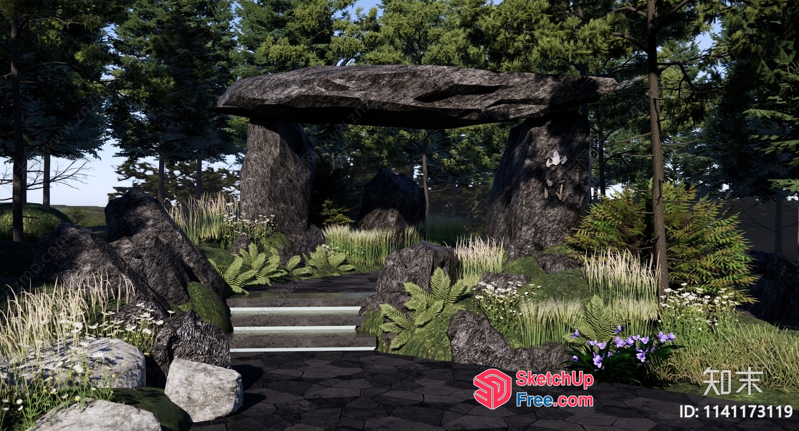 Stone Entrance With Stairs And Greenery 3D SketchUp File