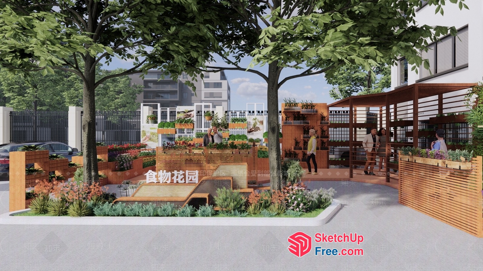 Outdoor Commercial Street With Modern And Natural Decor 3D SketchUp File
