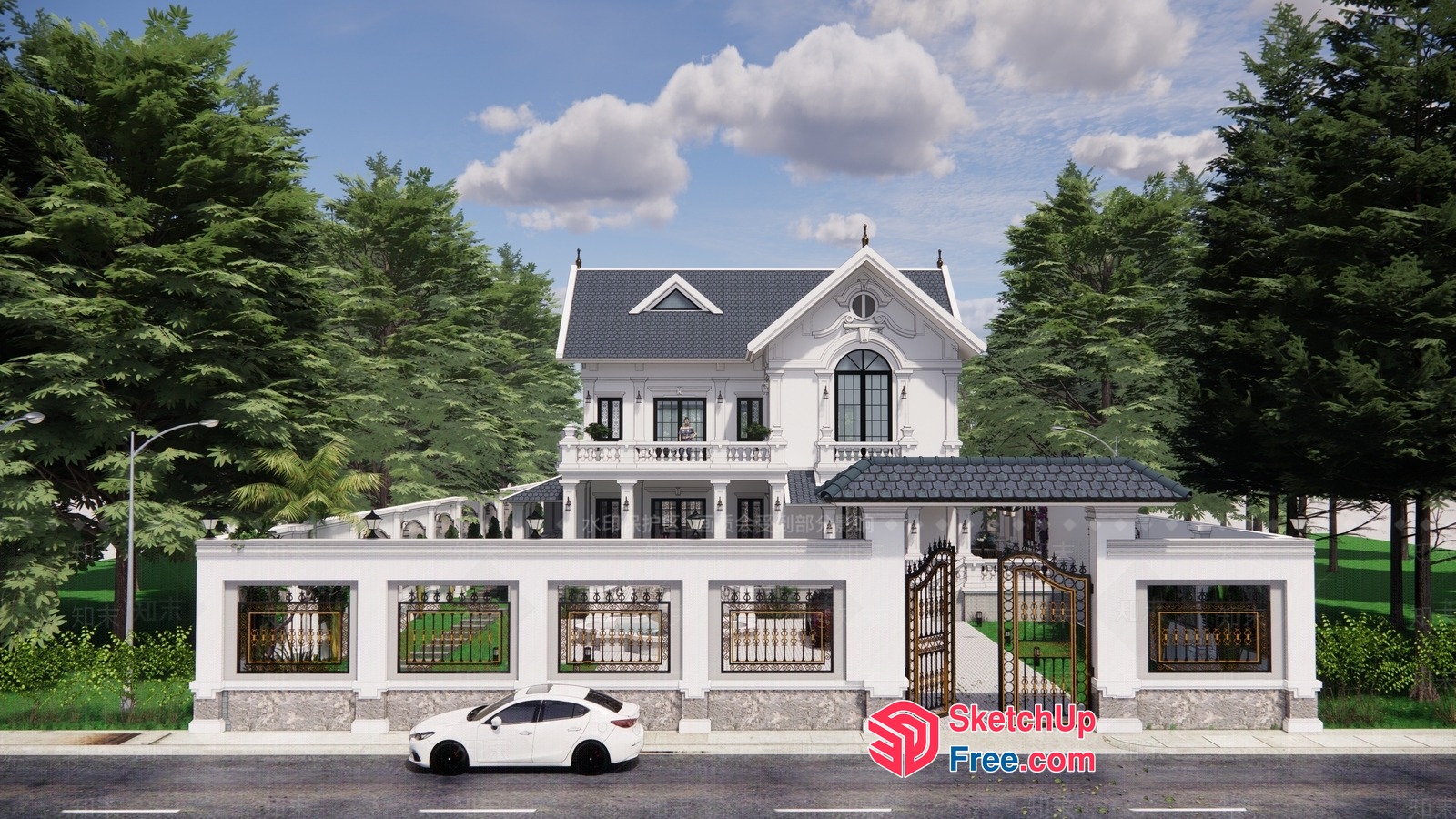 Elegant White Mansion With Gray Roof And Ornate Details 3D SketchUp File