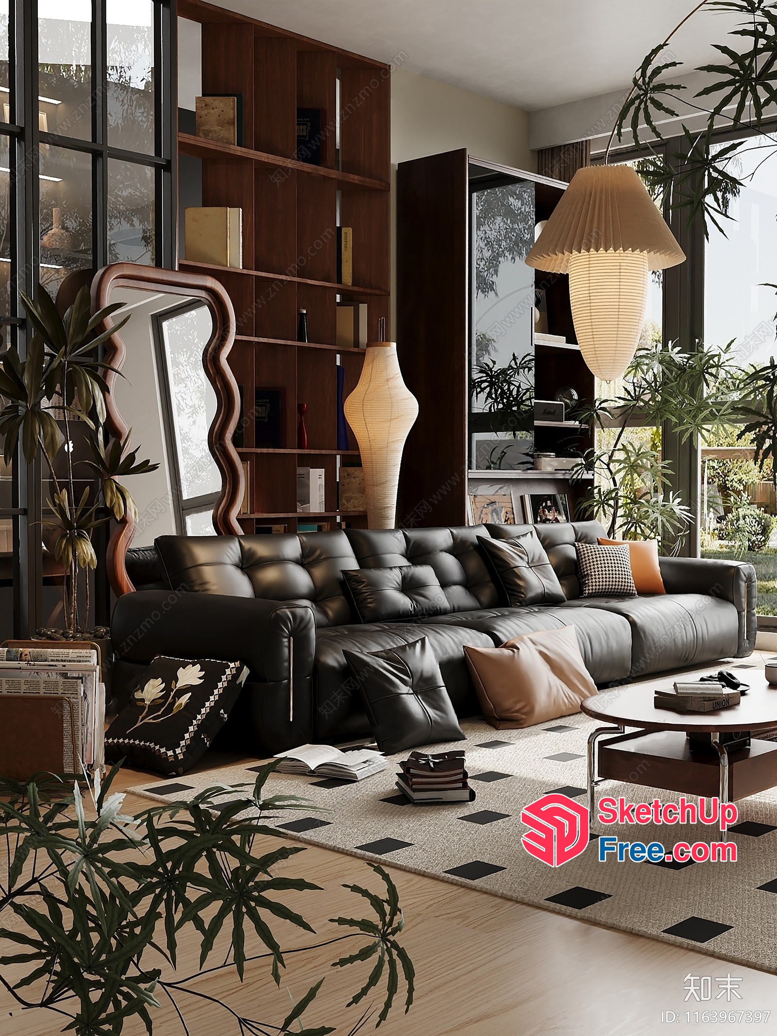 Modern Living Room With Leather Sofa And Natural Light 3D SketchUp File
