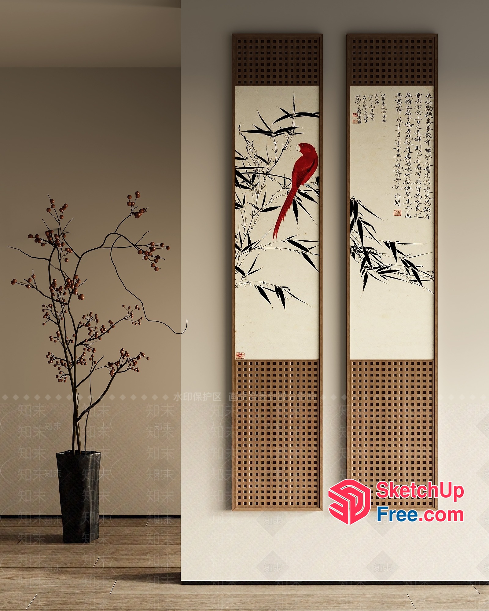 Asian-Inspired Bird And Bamboo Wall Art 3D SketchUp File