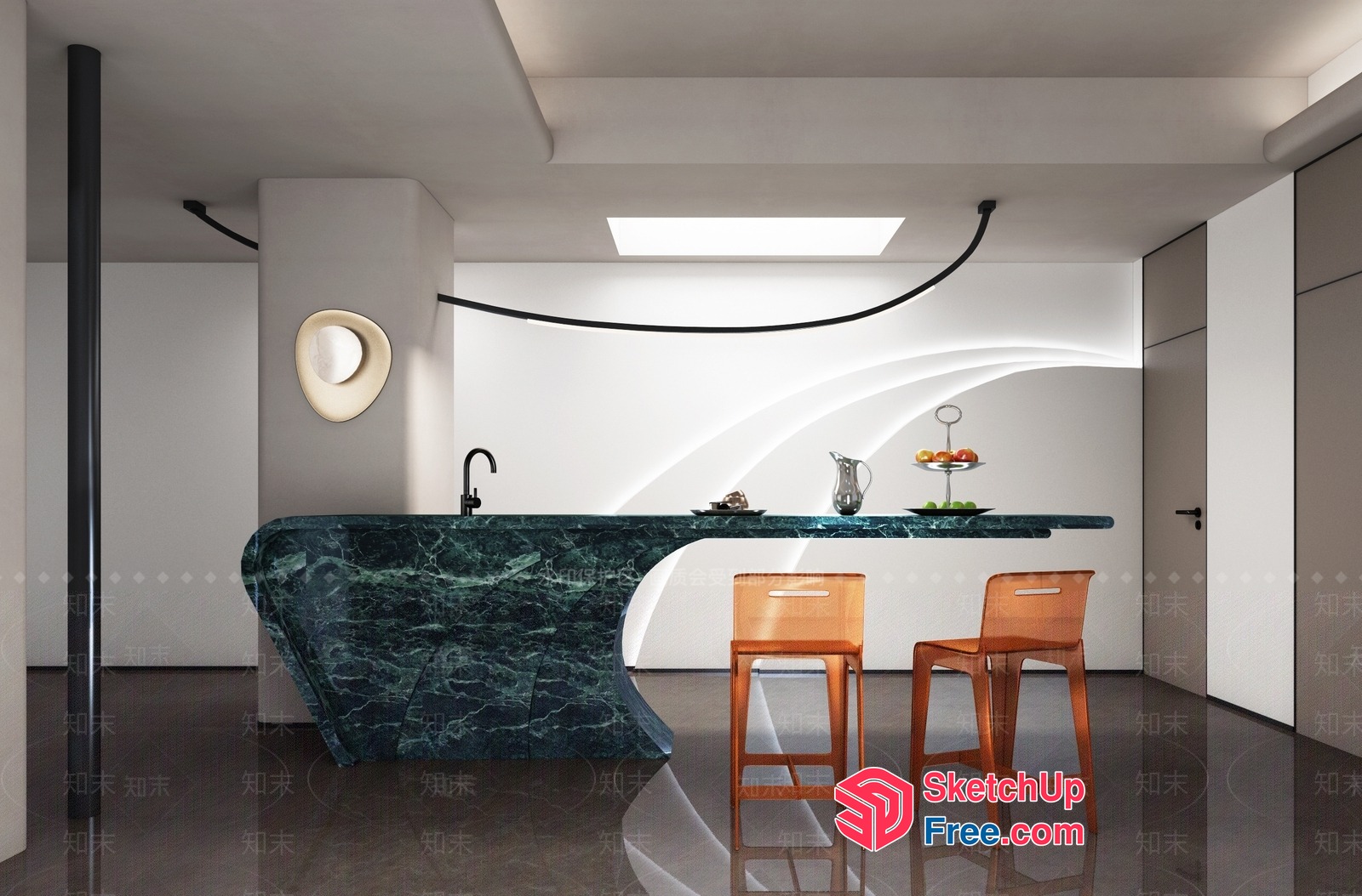 Sleek Modern Kitchen With Green Marble Counter 3D SketchUp File