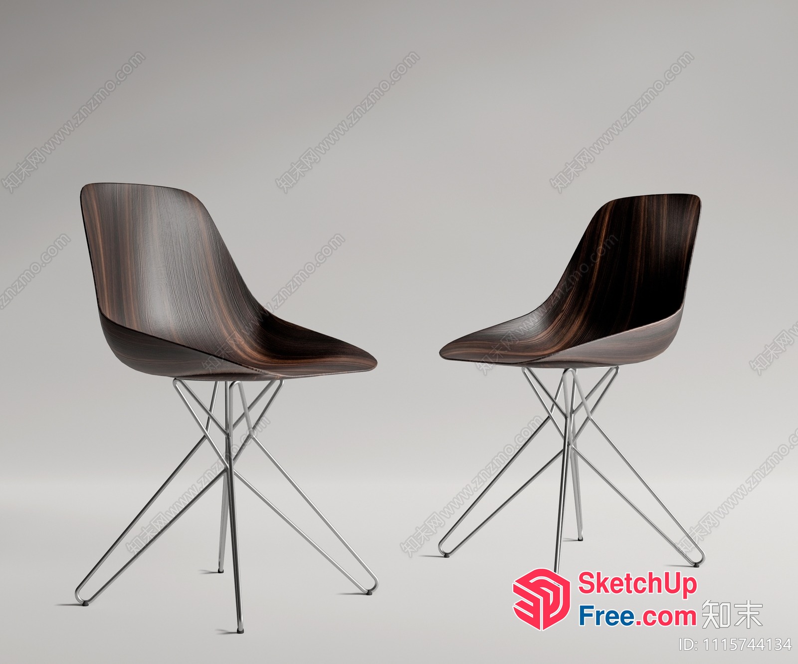 Two Dark Wood Chairs With Metal Legs 3D SketchUp File
