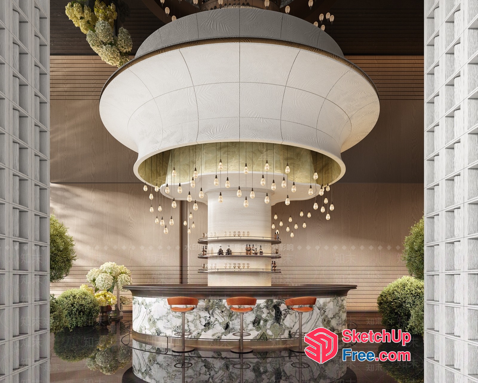 Elegant Modern Bar With Unique Pillar And Hanging Lights 3D SketchUp File